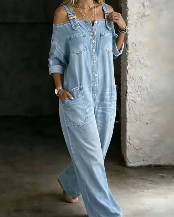 Jumpsuit Spaghettiträger Kalte Schulter Weites Bein Denim