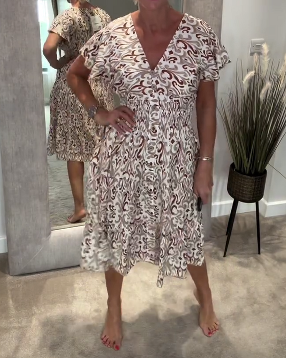 Kleid V-Ausschnitt Lotusblatt Ärmel Gedruckte Taille