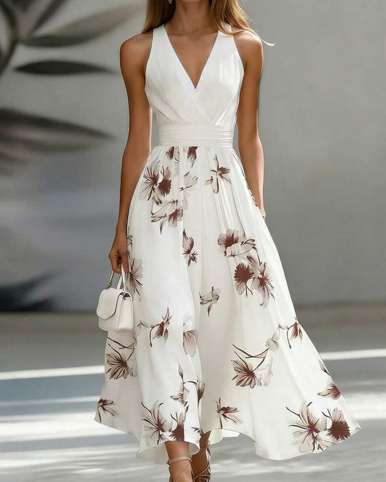 Kleid Ärmellos V-Ausschnitt Taille Blumen