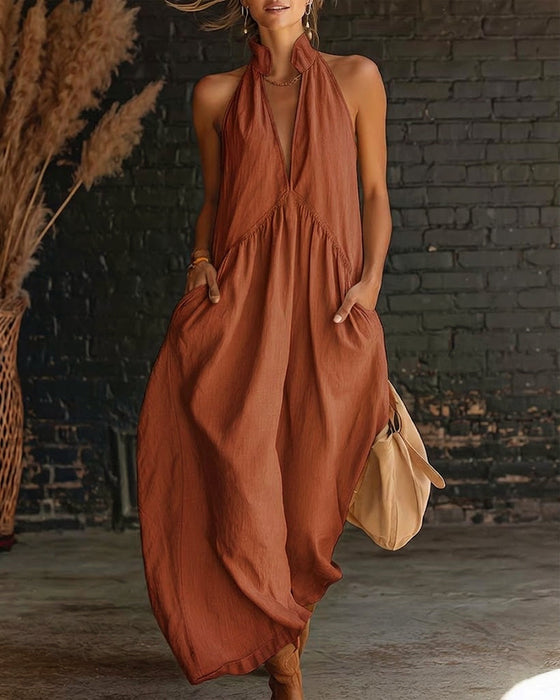 Kleid 100% Baumwolle Ärmellos Stehkragen Unifarben Maxi