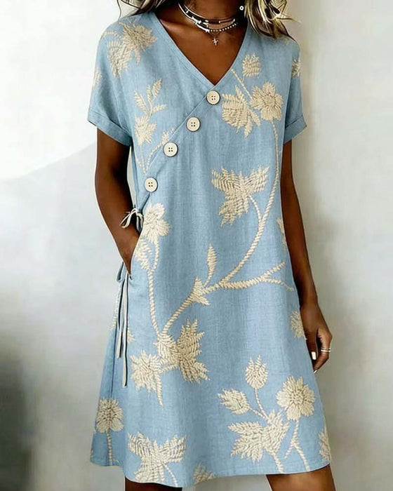Kleid Diagonal Knopf Druck V-Ausschnitt Mini
