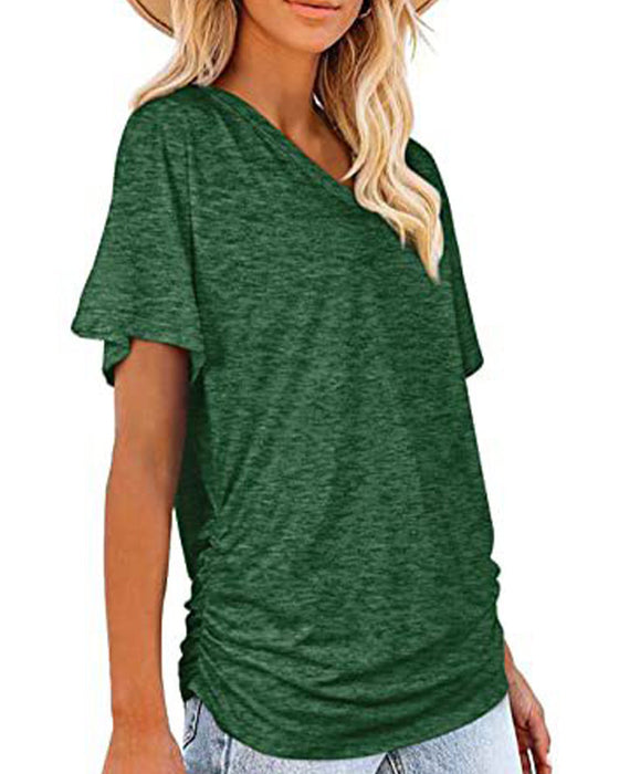 T-Shirt Plissiert Einfarbig V-Ausschnitt