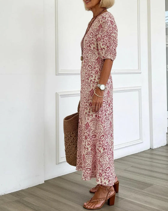 Kleid Vintage Blumenmuster V-Ausschnitt Maxi