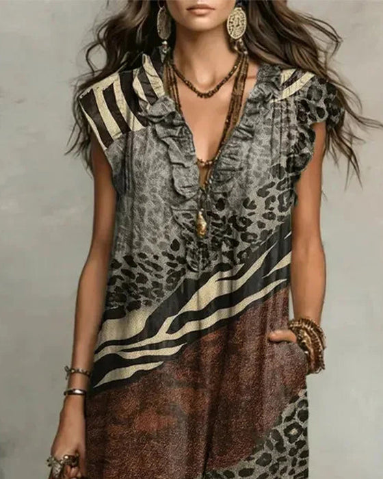 Kleid V-Ausschnitt Rüsche Muster Patchwork