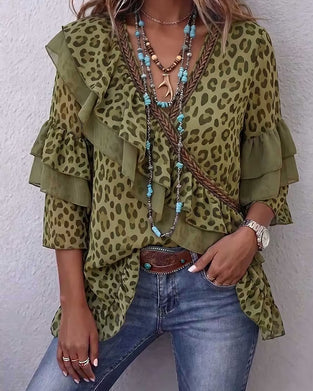 Bluse V-Ausschnitt Rüsche Leopard