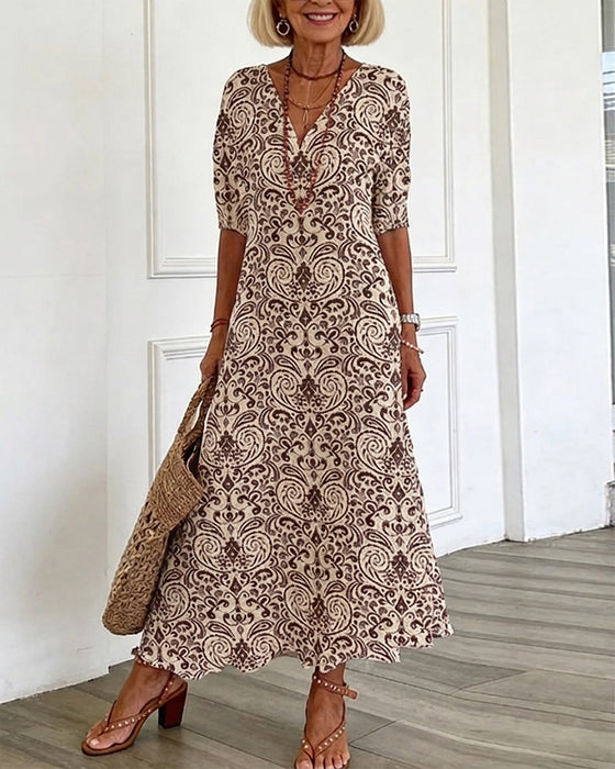 Kleid Vintage Blumenmuster V-Ausschnitt Maxi