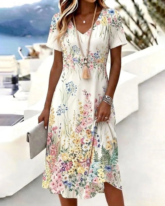 Kleid V-Ausschnitt Blumen Kurzarm A-Linie