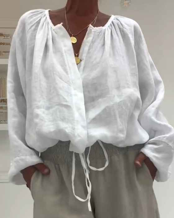Bluse 100 % Baumwolle Langarm Geraffte Binde
