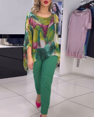 Bedruckte Bluse mit Fledermausärmeln und Rundhalsausschnitt