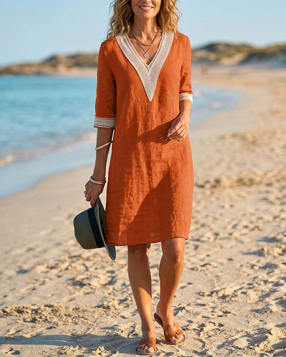 Kleid Dreiviertel Ärmel V-Ausschnitt Spitze Patchwork