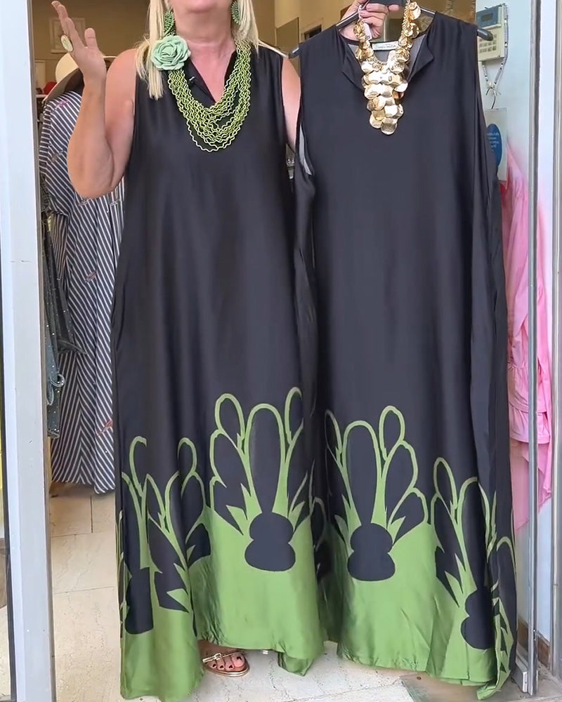 Kleid Revers Ärmellos Farbblock Voll-Rock
