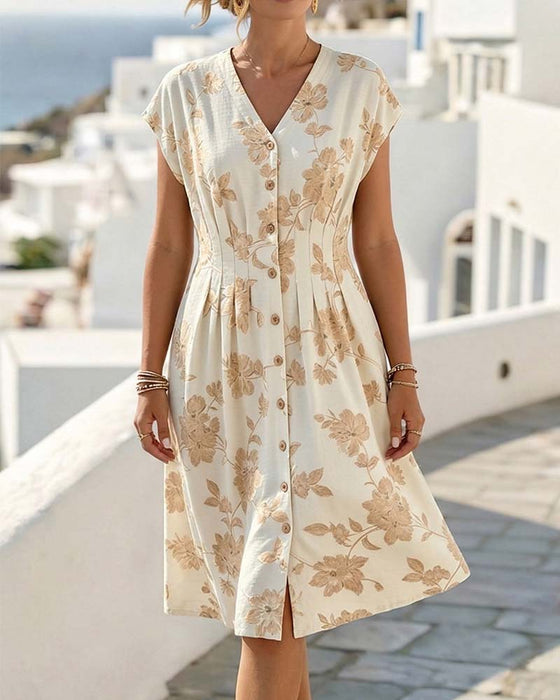 Kleid V-Ausschnitt Print Tailliert Knopfleiste