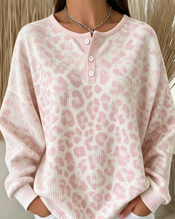 Sweatshirt Rund-Hals Knopf-Leiste Leopard Freizeit