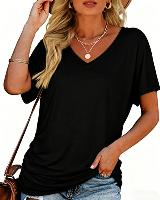 T-Shirt Plissiert Einfarbig V-Ausschnitt
