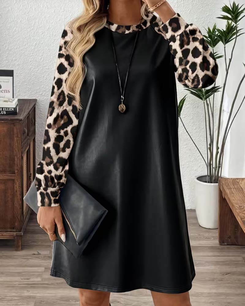 Kleid Rund-Hals Leopard Flickwerk