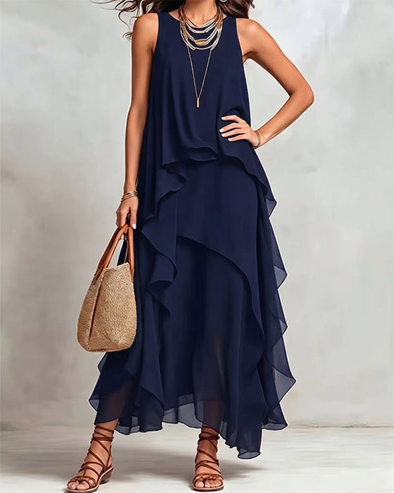 Kleid Rundhals Ärmellos Unregelmäßig
