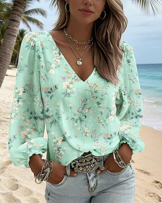 Bluse Floral V-Ausschnitt Puffärmel