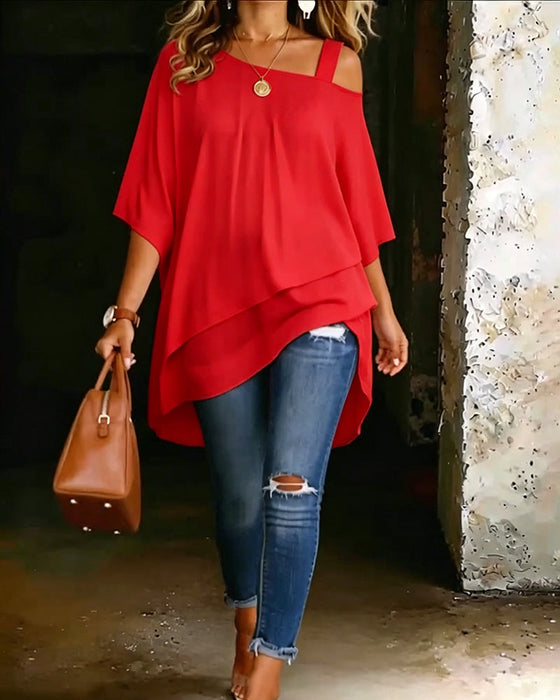 Bluse Asymmetrisch Cold Shoulder Einfarbig Lässig