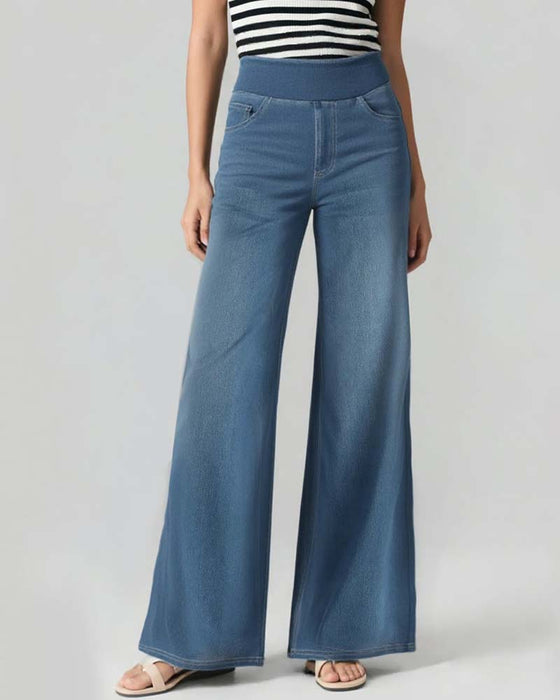 Hose Elastische Taille Denim Weites Bein