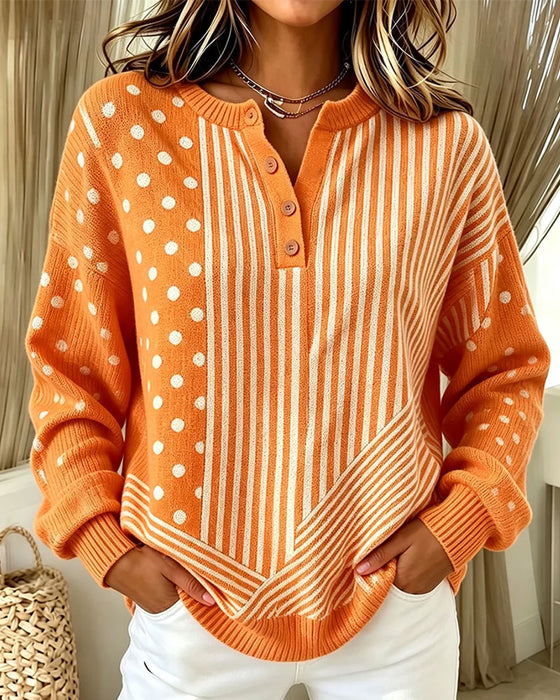 Pullover Knopf Vorne Streifen Tupfen Drop Schulter Gestrickt