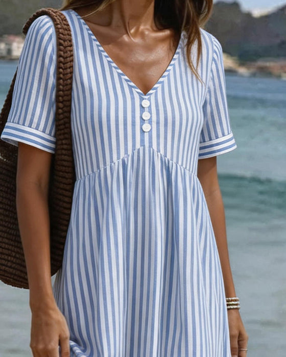 Kleid Vertikaler Streifen Babydoll V Ausschnitt A Linie