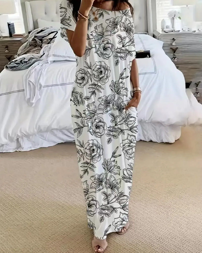Kleid Off-Schulter Blumen Tasche Voll-Rock