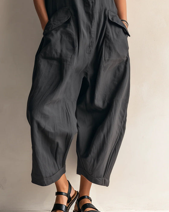 Jumpsuit Revers Ärmellos Tasche Cargo
