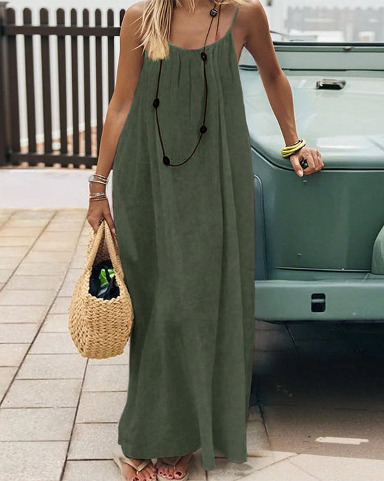 Kleid Uni Farbe Rüschen Rückenfrei Spaghetti Träger Maxi
