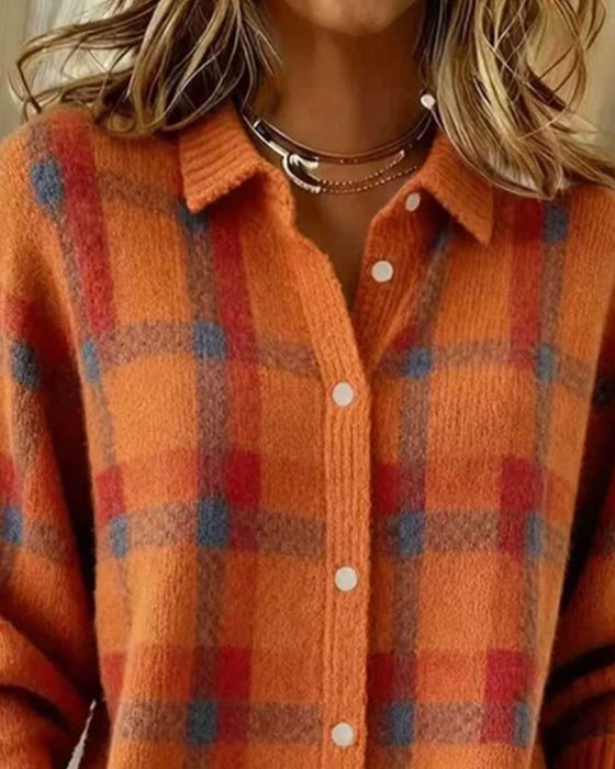 Strickjacke Karomuster Hemdkragen Geknöpft