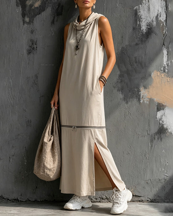 Kleid Cowl Ausschnitt Ärmellos Reißverschluss Schlitz