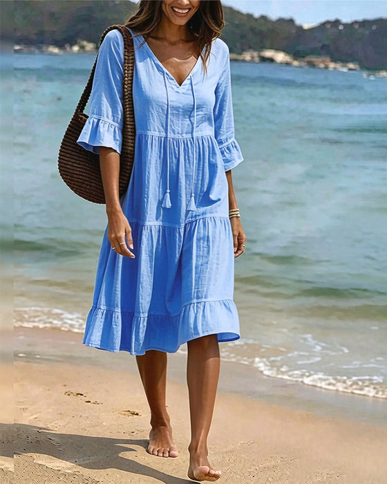 Kleid Ausgestellt Halbarm Bindegürtel