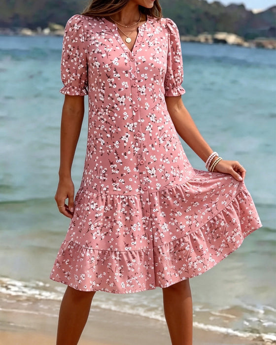 Kleid Blumen V-Ausschnitt Gestuft