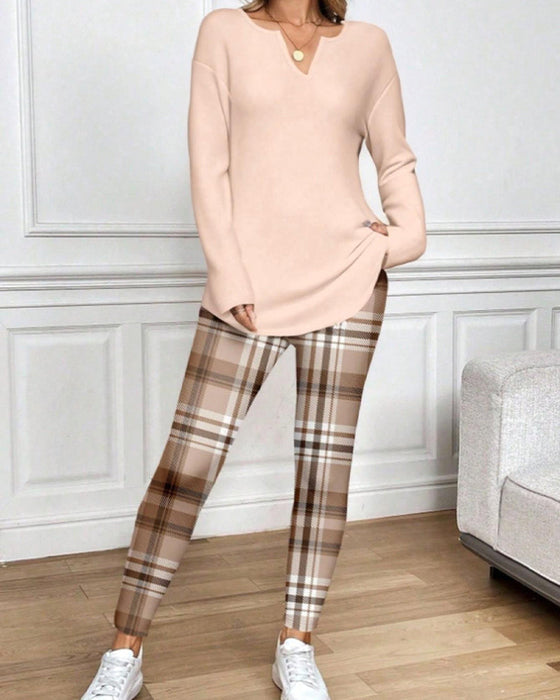 Set V-Ausschnitt Einfarbig Oberteil + Karo Hose Loungewear