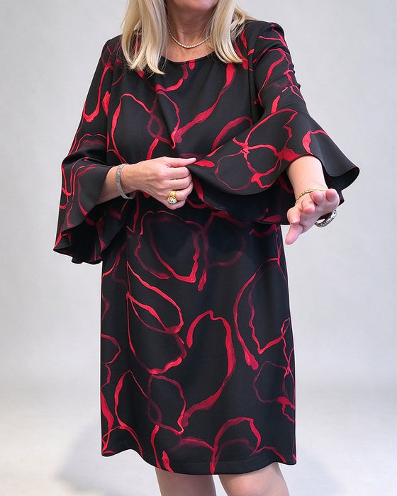 Kleid Kontrastfarbe Rundhals Und Glockenärmel