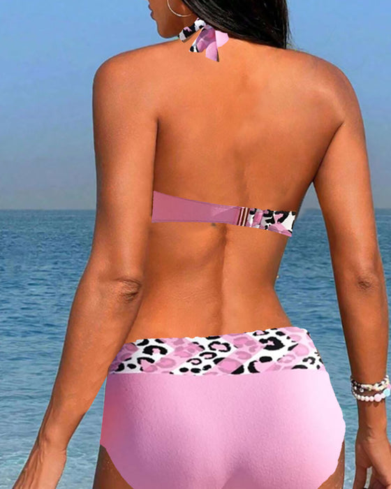 Neckholder-Bikini mit Leoparden-Patchwork-Print