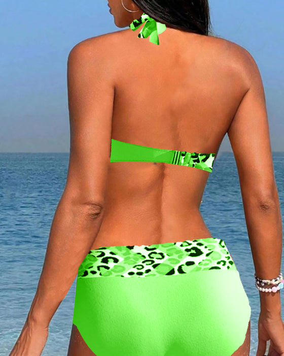 Neckholder-Bikini mit Leoparden-Patchwork-Print