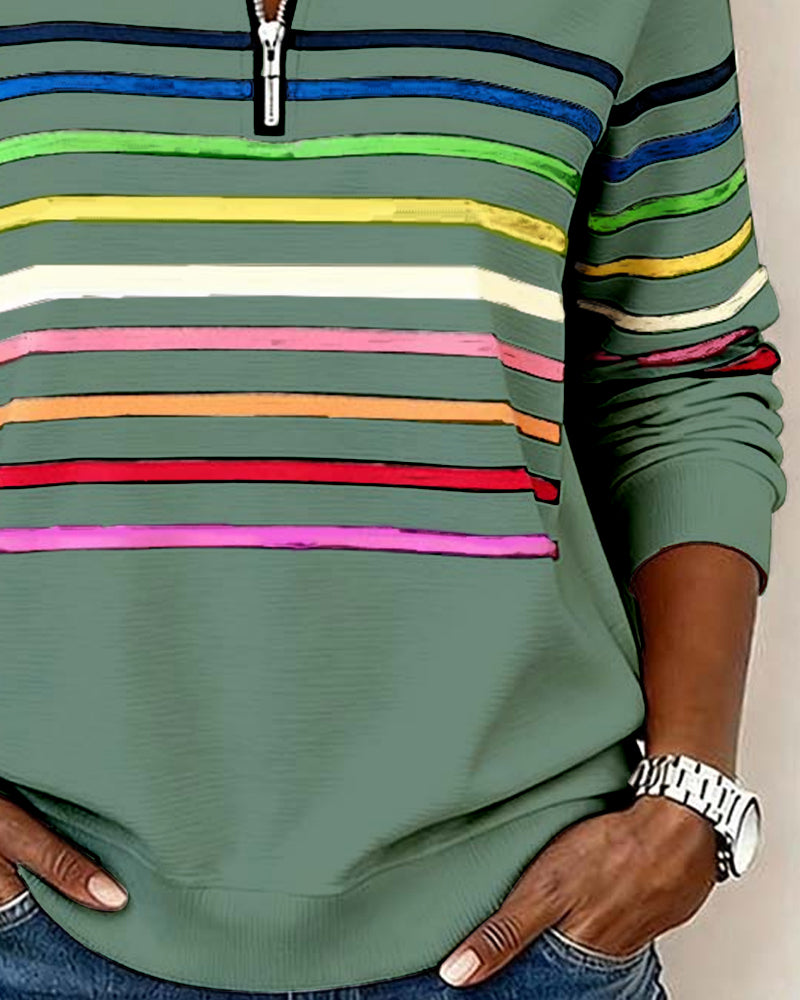 Modisches Sweatshirt Mit Halbem Reißverschluss Und Regenbogenstreifen