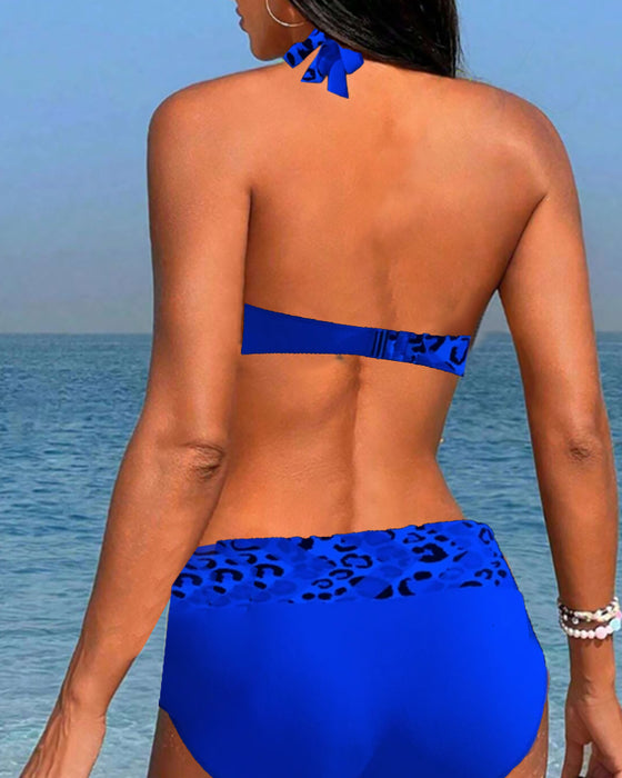 Neckholder-Bikini mit Leoparden-Patchwork-Print