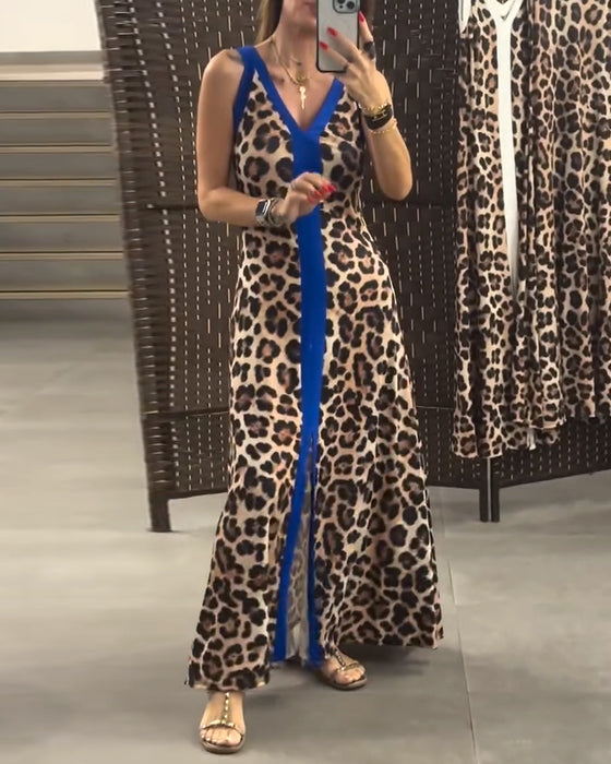 Kleid ärmellos elegant Leopardenmuster Kontrast