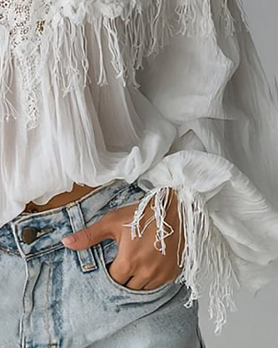 Schulterfreies Camisole-Top mit Spitze und Quasten