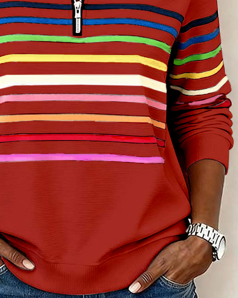 Modisches Sweatshirt Mit Halbem Reißverschluss Und Regenbogenstreifen