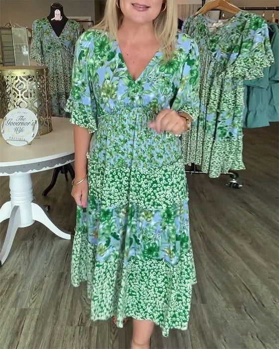 Kleid V-Ausschnitt Lotusärmel Blume