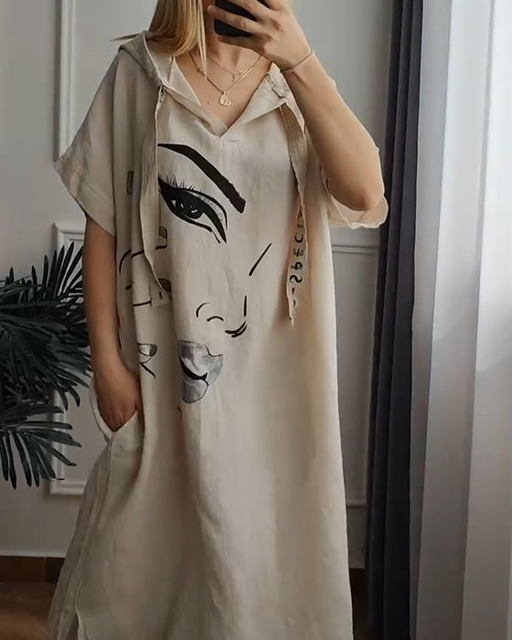 Kleid mit Kapuze Bedruckt Locker Geschnitten