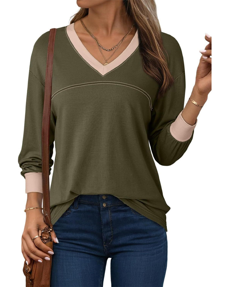 Bluse Kontrast V-Ausschnitt Locker