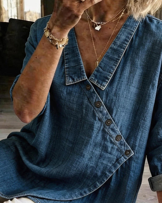 Bluse Einfarbig Diagonaler Knopf Revers Langarm