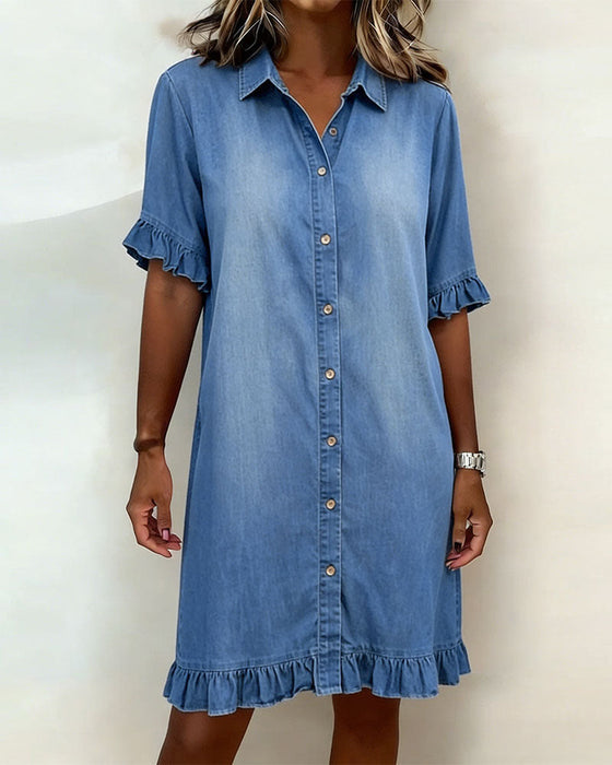 Denim-Rüschen-Hemdkleid