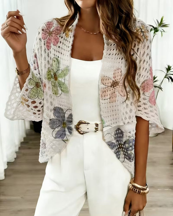 Cardigan Ausgeschnitten Blumenprint Gestrickt