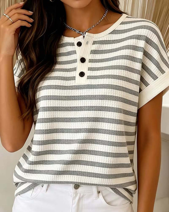 T-Shirt Gestreift Waffel Henley