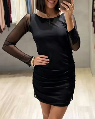 Kleid Rund-Hals Mesh Gerafft Slim