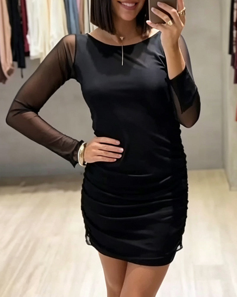 Kleid Rund-Hals Mesh Gerafft Slim